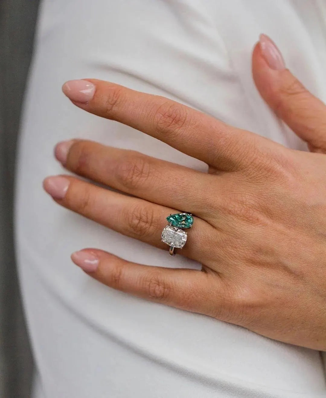 Two Stone Toi et Moi Engagement Ring, Cushion and Pear Moissanite Ring, Paraiba Tourmaline Bridal Jewelry, Anniversary Gift for Her.