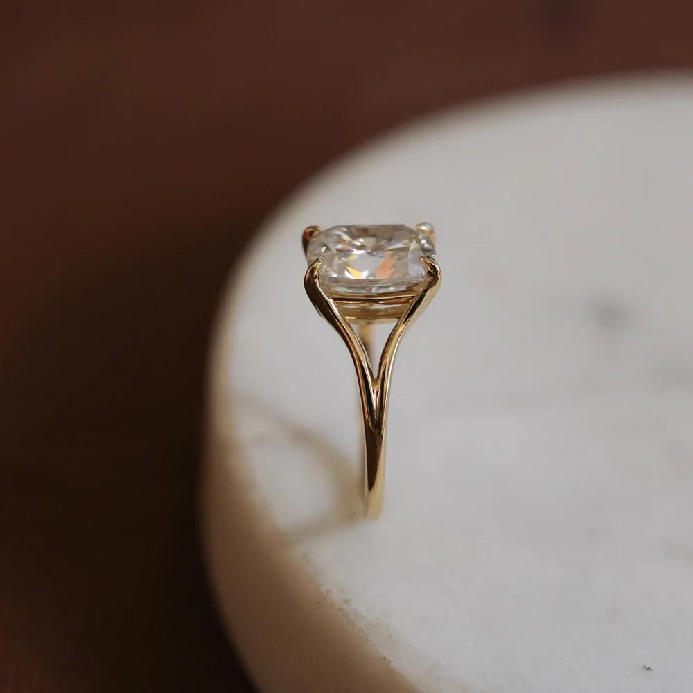 Cushion Cut Moissanite Engagement Ring In Yellow Gold With Split Shank Solitaire Design. Perfect Wedding Or Promise Ring For Her.