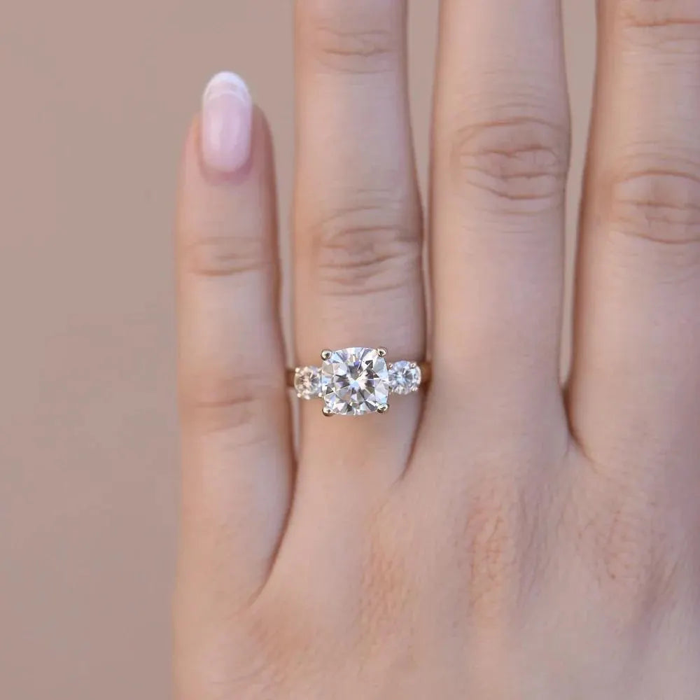 Cushion Cut Three Stone Moissanite Ring, Gold Engagement Ring, Bridal Ring, Anniversary Gift, Unique Wedding Ring.