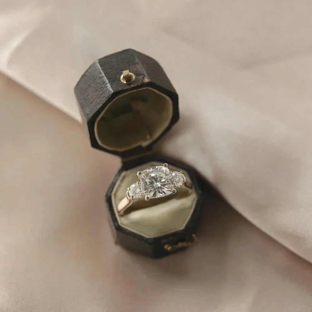 Cushion Cut Three Stone Moissanite Ring, Gold Engagement Ring, Bridal Ring, Anniversary Gift, Unique Wedding Ring.