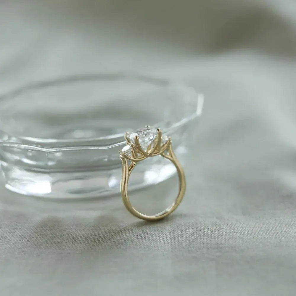 Cushion Cut Three Stone Moissanite Ring, Gold Engagement Ring, Bridal Ring, Anniversary Gift, Unique Wedding Ring.