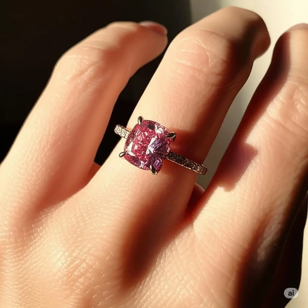 Cushion Cut Alexandrite Engagement Ring, Unique Color Change Gemstone, Solitaire Ring With Pave Band, Wedding, Anniversary, Proposal Ring.