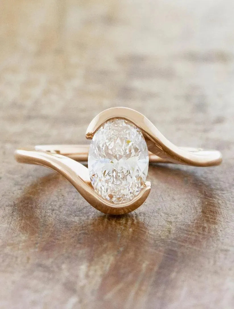 Oval Diamond Bypass Engagement Ring, Rose Gold Solitaire Ring, Modern Twist Band, Anniversary Gift, Wedding Ring, Promise Ring