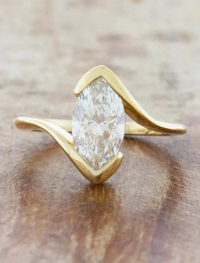 Marquise Diamond Bypass Engagement Ring, Yellow Gold Solitaire Ring, Modern Twist Band, Anniversary Gift, Wedding Ring, Promise Ring