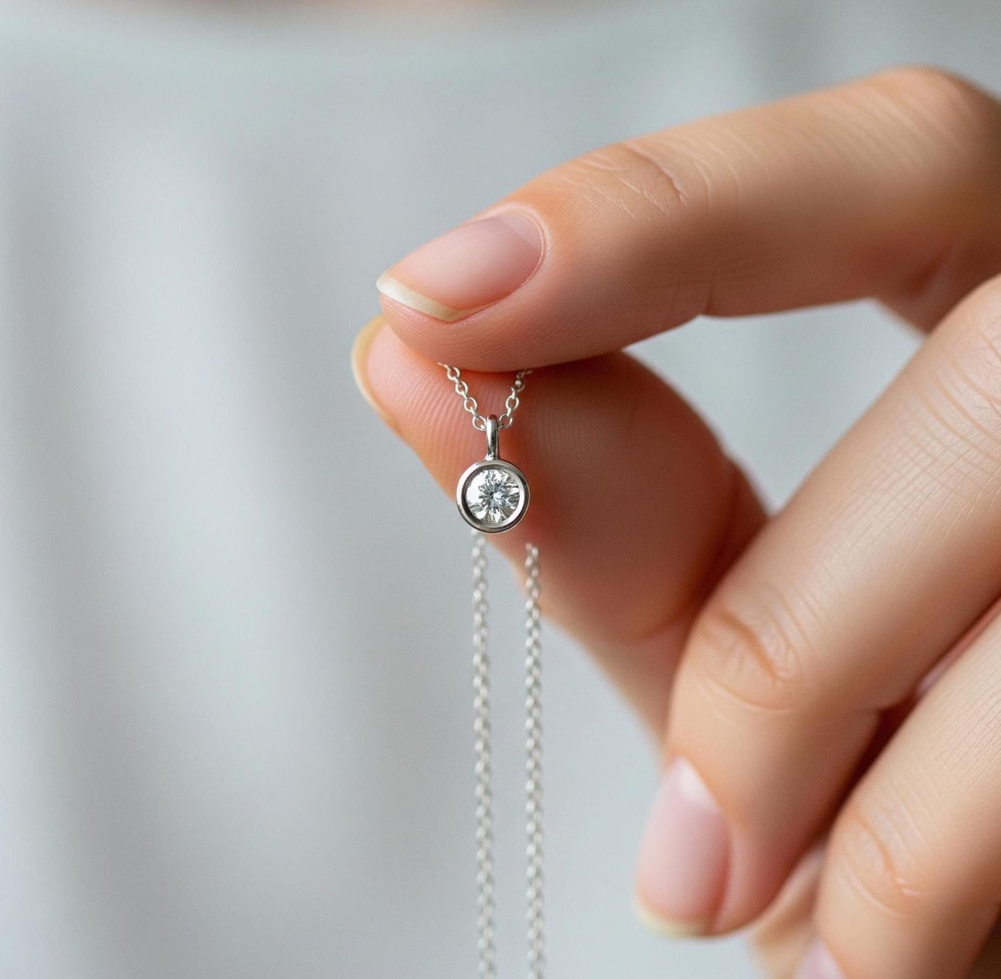 Minimalist Bezel Silver Plated Necklace, 18K White Gold Plated Solitaire Moissanite Necklace, Moissanite Bezel Pendant, Gift For Her.