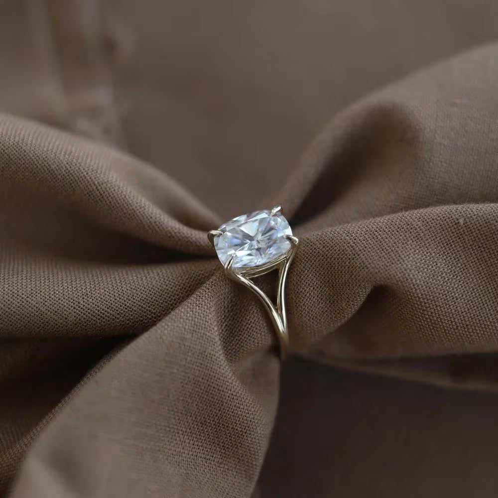 Cushion Cut Moissanite Engagement Ring In Yellow Gold With Split Shank Solitaire Design. Perfect Wedding Or Promise Ring For Her.