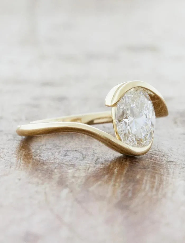 Oval Diamond Bypass Engagement Ring, Rose Gold Solitaire Ring, Modern Twist Band, Anniversary Gift, Wedding Ring, Promise Ring