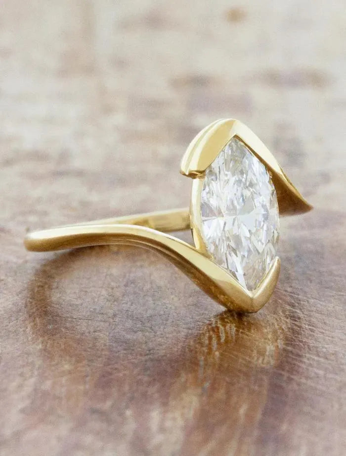 Marquise Diamond Bypass Engagement Ring, Yellow Gold Solitaire Ring, Modern Twist Band, Anniversary Gift, Wedding Ring, Promise Ring