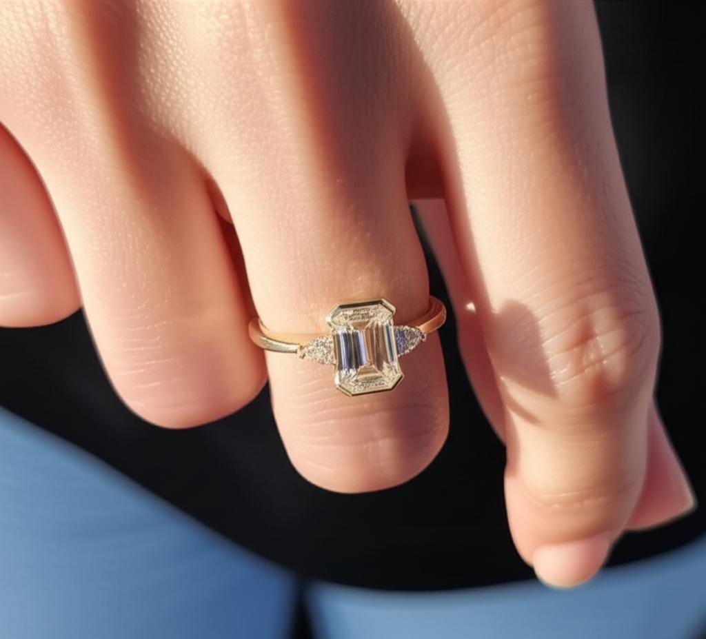 3 CT Emerald Cut Moissanite Engagement Ring, Three Stone Emerald Cut Ring, Solid Gold Wedding Ring, Anniversary Gift, Art Deco Ring.