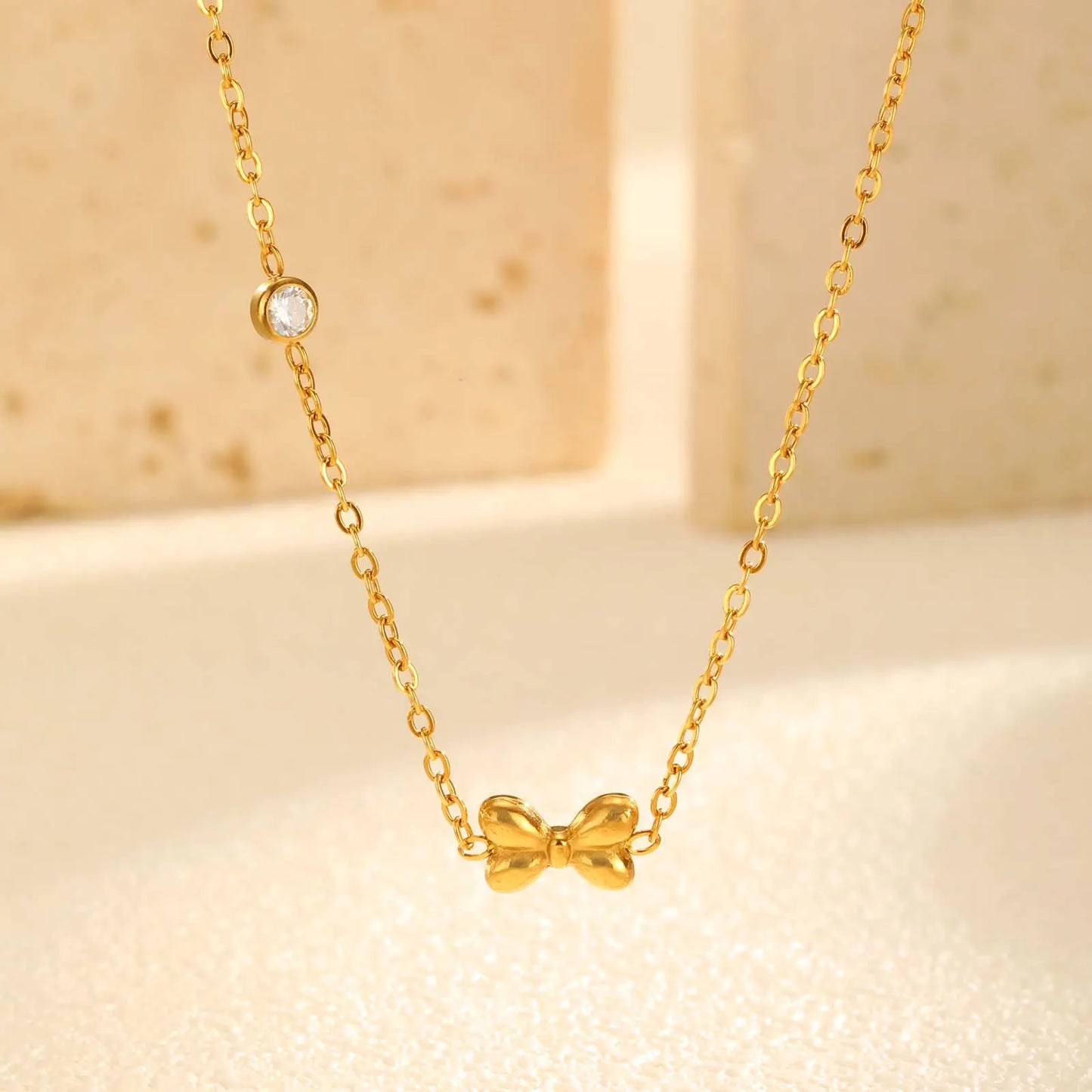 Bow Gold Plated Dainty Necklace, 18K Gold Plated Bow Pendant With Moissanite, Gift For Her, Cute Bow Jewelry, Minimalist Necklace For Her
