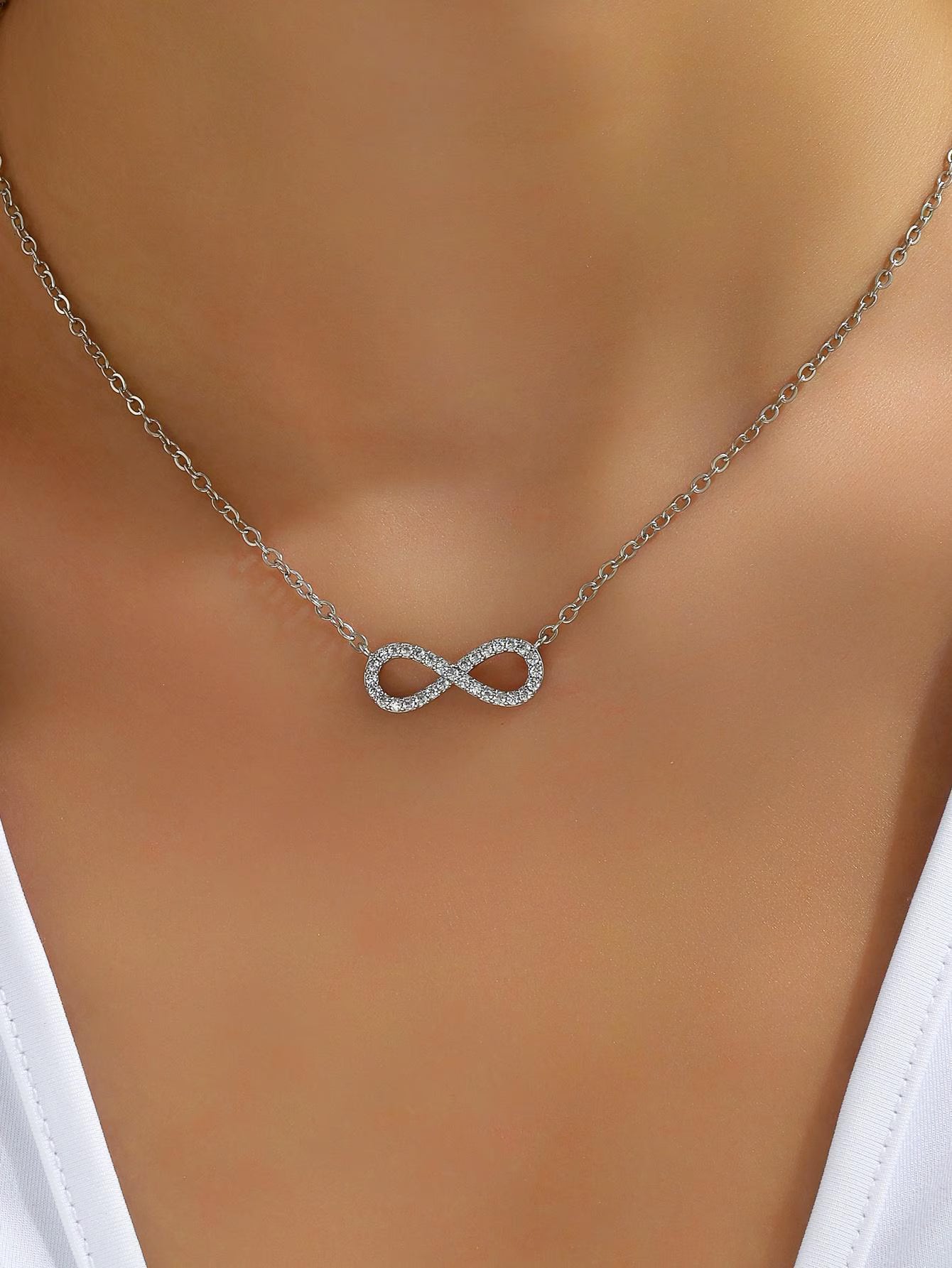 Eternal Infinity Gold Plated Necklace, 18K White Gold Plated Infinity Necklace With Moissanite, Pave Diamonds Necklace, Gift For Her.