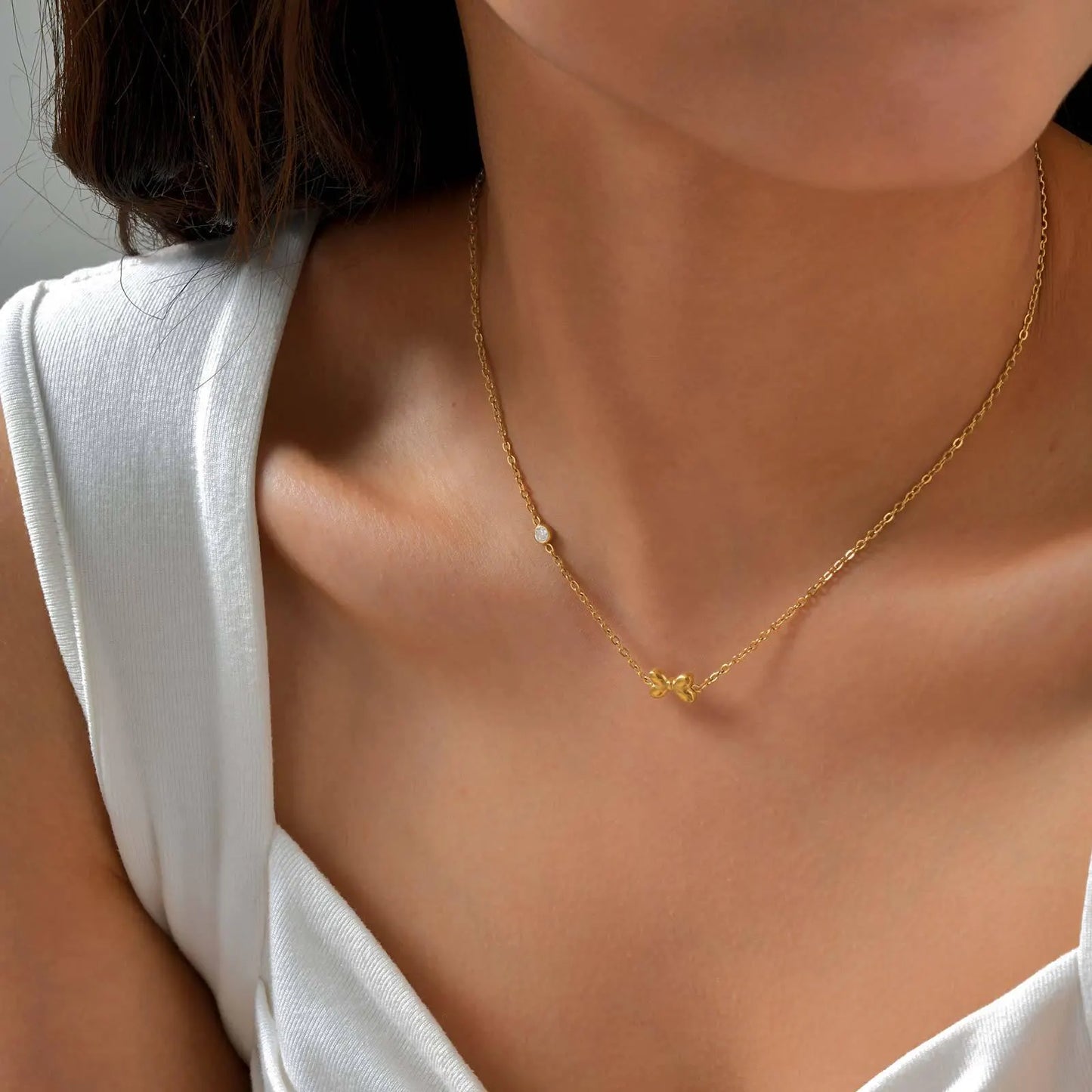 Bow Gold Plated Dainty Necklace, 18K Gold Plated Bow Pendant With Moissanite, Gift For Her, Cute Bow Jewelry, Minimalist Necklace For Her