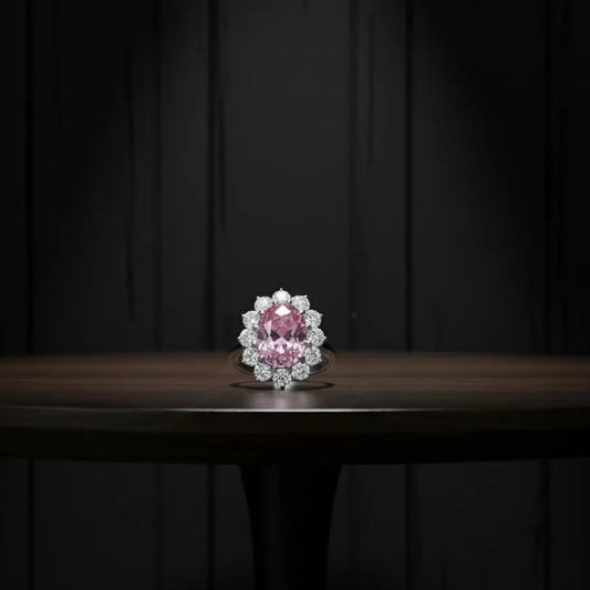 Dazzling Pink Moissanite Oval Cut Halo Ring, Vintage-Inspired Floral Engagement Ring, Romantic Proposal Ring, Handcrafted in Gold