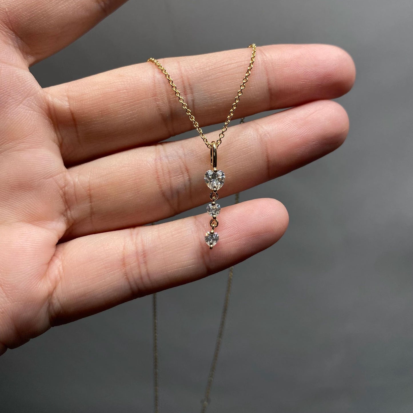Gold Plated Necklace with 3 Stone Drop Pendant with Heart & Round Moissanite Diamonds Minimalist Jewelry Gift for Her, Anniversary, Birthday