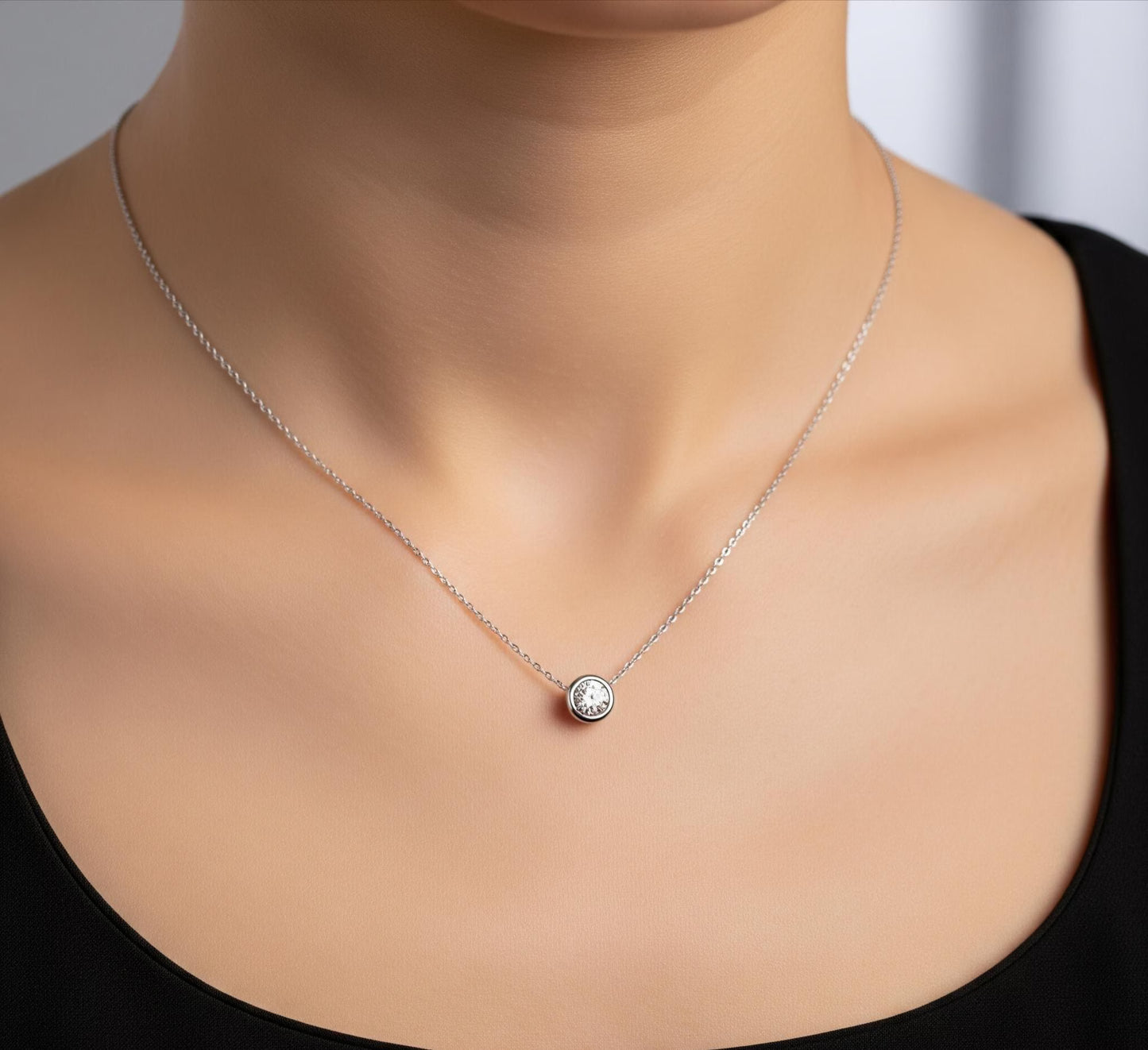 Minimalist Bezel Silver Plated Necklace, 18K White Gold Plated Solitaire Moissanite Necklace, Moissanite Bezel Pendant, Gift For Her.