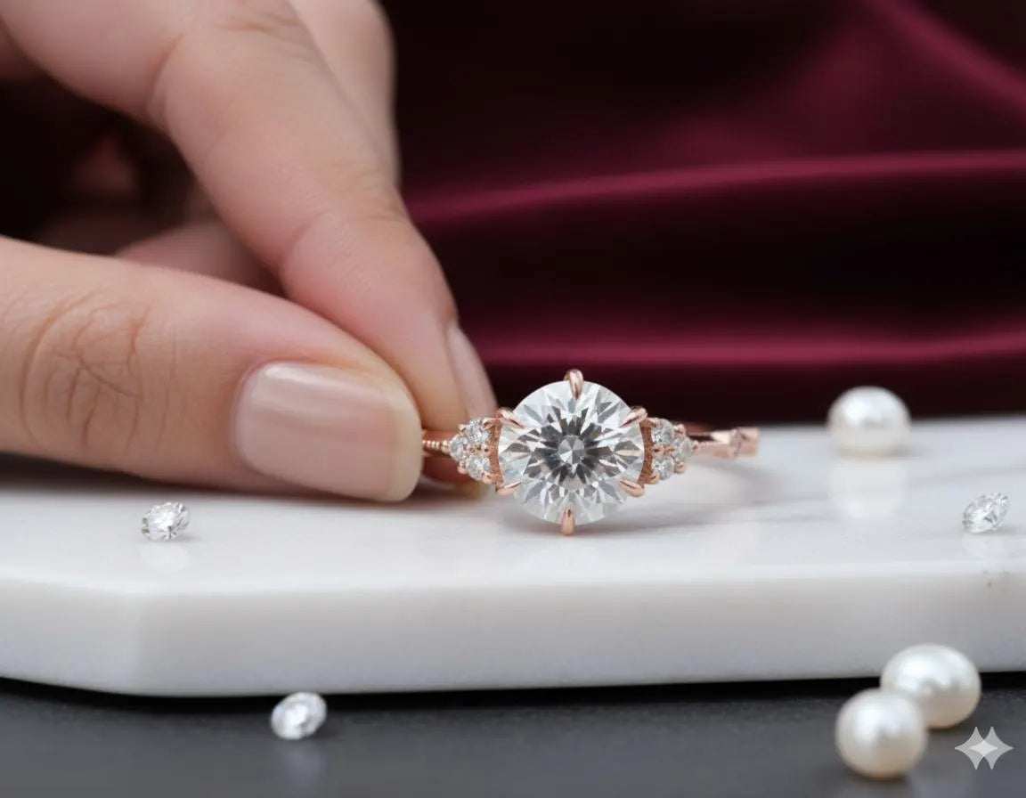 Adelaide Ring Dainty Rose Gold Engagement Ring with a Brilliant Round Moissanite, Anniversary Gift for Her