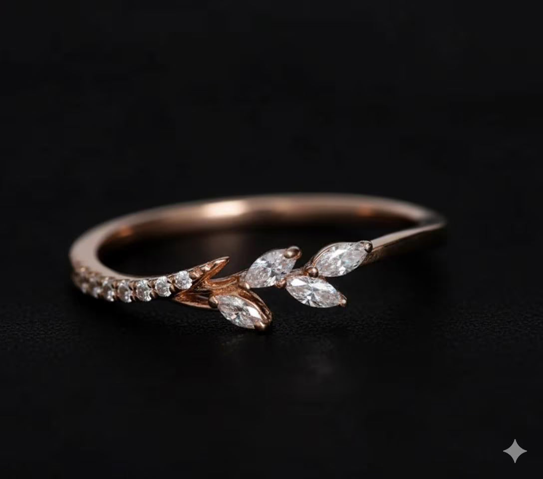 Marquise Diamond Leaf Ring, Rose Gold Engagement Ring, Dainty Vine Wedding Ring, Unique Anniversary Gift