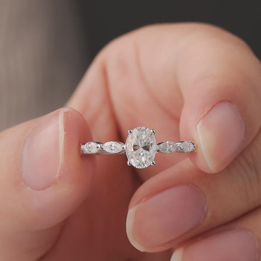 Oval Cut Moissanite Ring, Side Stone Accents Pave Engagement Ring, Sterling Silver Wedding Ring, Anniversary Gift, Promise Ring Gift for Her