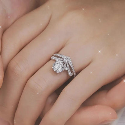 Regal Crown Moissanite Engagement Ring Set, Sterling Silver V-Shaped Wedding Band, Round Cut Bridal Ring, Anniversary Gift for Her