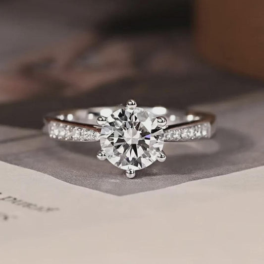 Round Moissanite 6-Prong Engagement Ring, Pave Band, Solitaire Wedding Ring, Classic Bridal Ring, Anniversary Gift, White Gold