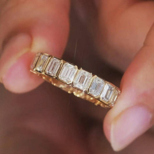 Emerald Cut Eternity Band in Gold, Moissanite Wedding Ring, Full Eternity Ring, Stacking Ring, Anniversary Gift for Her, Pave Band, Bridal