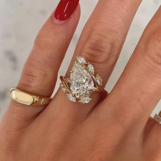 Pear Cut Cluster Engagement Ring, Gold Moissanite Ring, Teardrop Halo Ring, Leafy Diamond Ring, Unique Bridal Ring, Luxury Statement Ring