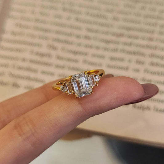 2 CT Emerald Cut Moissanite Ring, Three Stone Engagement Ring Solid Gold Wedding Ring, Art Deco Ring, Promise Ring, Anniversary Gift for Her