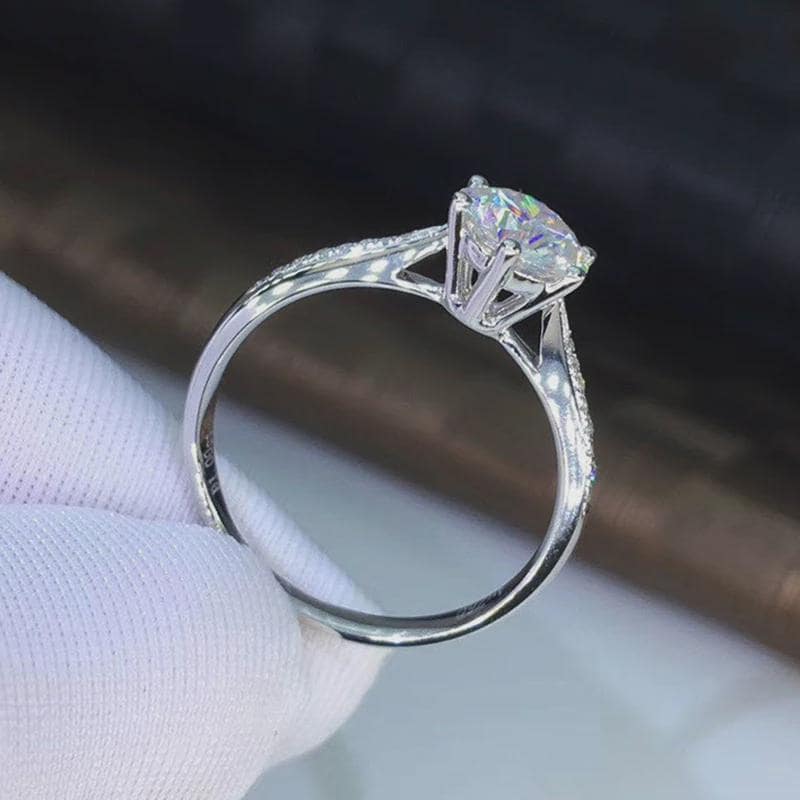 Round Moissanite 6-Prong Engagement Ring, Pave Band, Solitaire Wedding Ring, Classic Bridal Ring, Anniversary Gift, White Gold