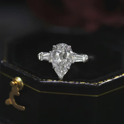 Pear Moissanite Three Stone Ring, Baguette Side Stones, Engagement Ring, Wedding Ring, Bridal Ring, Anniversary Gift, White Gold