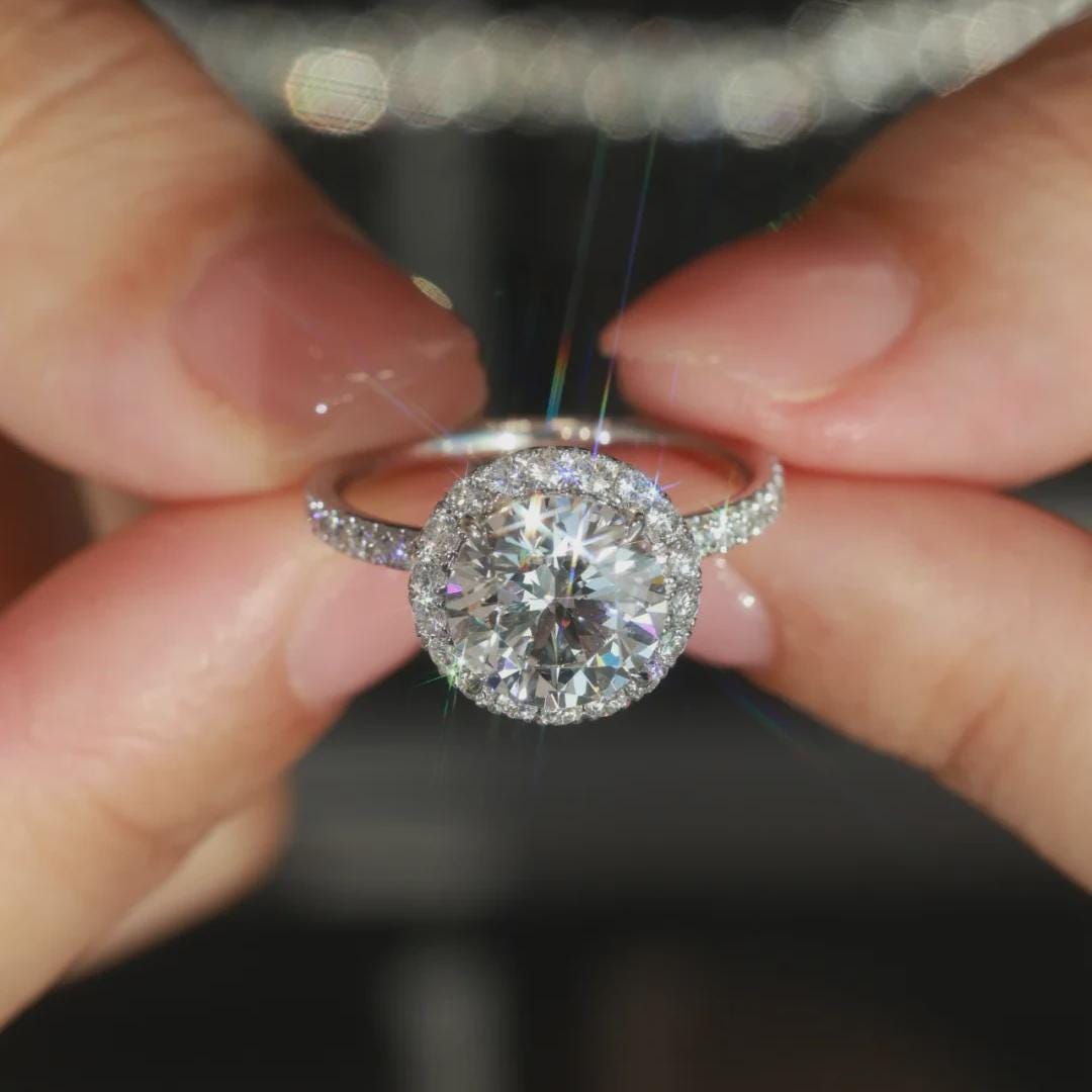 Round Cut Moissanite Halo Ring, Pave Engagement Ring, Sterling Silver Wedding Ring, Anniversary Gift, Unique Promise Ring, Gift for Her