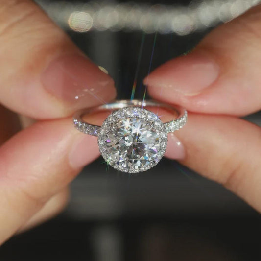 Round Cut Moissanite Halo Ring, Pave Engagement Ring, Sterling Silver Wedding Ring, Anniversary Gift, Unique Promise Ring, Gift for Her