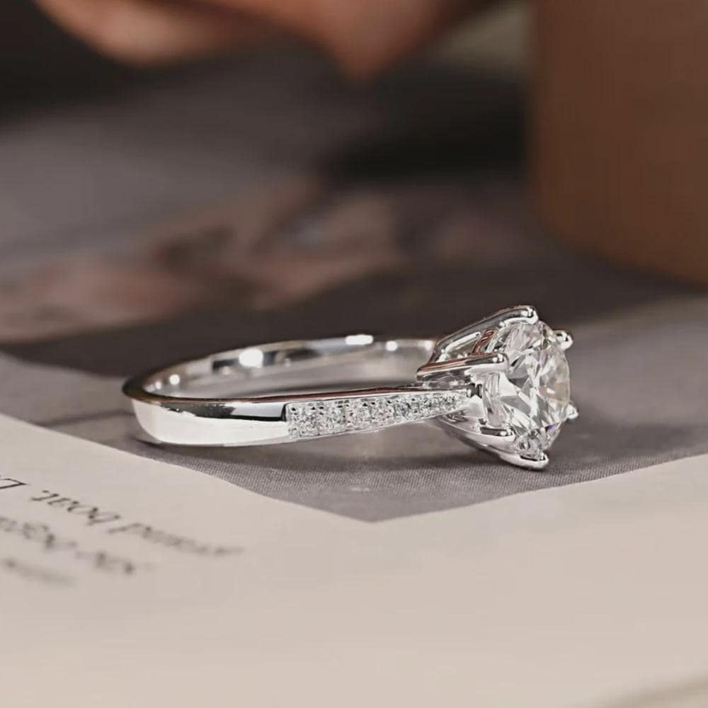 Round Moissanite 6-Prong Engagement Ring, Pave Band, Solitaire Wedding Ring, Classic Bridal Ring, Anniversary Gift, White Gold