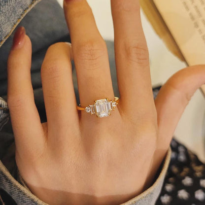 2 CT Emerald Cut Moissanite Ring, Three Stone Engagement Ring Solid Gold Wedding Ring, Art Deco Ring, Promise Ring, Anniversary Gift for Her