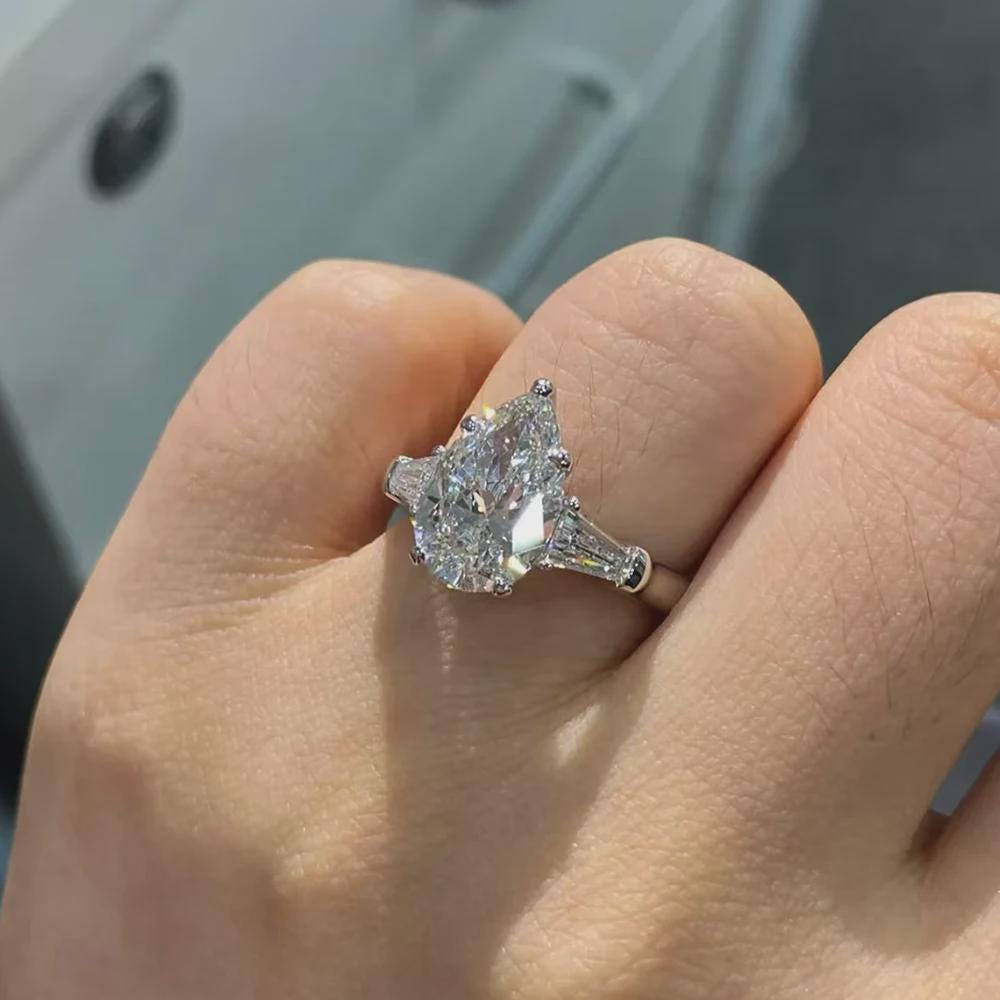 Pear Moissanite Three Stone Ring, Baguette Side Stones, Engagement Ring, Wedding Ring, Bridal Ring, Anniversary Gift, White Gold