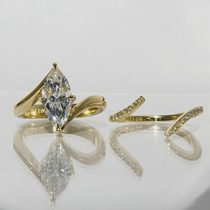 Marquise Cut Moissanite Ring Set, Marquise Wedding Ring, Gold Twisted Pave Bridal Set, Unique Engagement Ring, Anniversary Gift for Her
