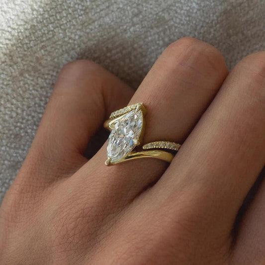 Marquise Cut Moissanite Ring Set, Marquise Wedding Ring, Gold Twisted Pave Bridal Set, Unique Engagement Ring, Anniversary Gift for Her