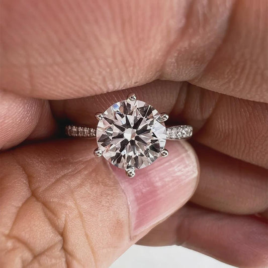 Round Moissanite 6-Prong Engagement Ring, Pave Band, Solitaire Wedding Ring, Classic Bridal Ring, Anniversary Gift, White Gold