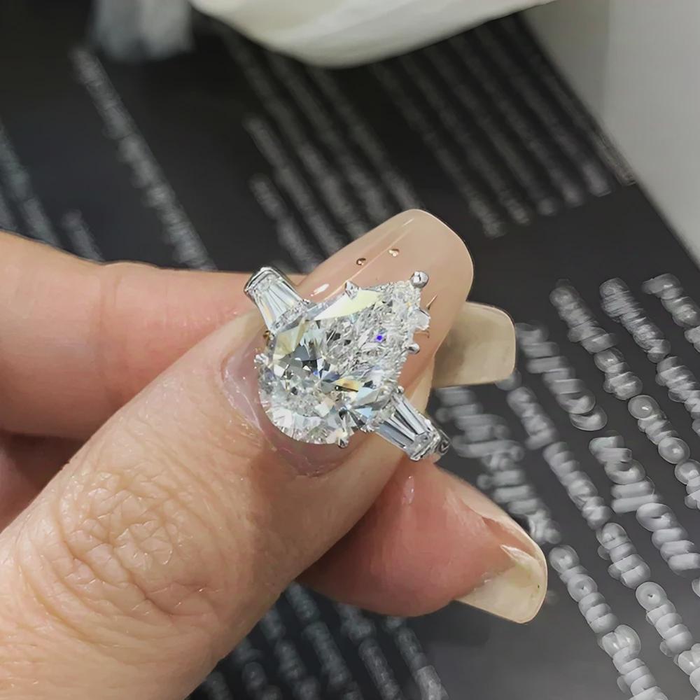 Pear Moissanite Three Stone Ring, Baguette Side Stones, Engagement Ring, Wedding Ring, Bridal Ring, Anniversary Gift, White Gold