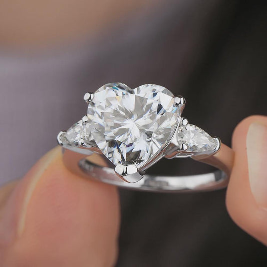 Heart Cut Three Stone Engagement Ring Pear Cut Side Stones Accents Ring Promise Ring, Wedding Ring Gift for Her Anniversary Ring Love Ring