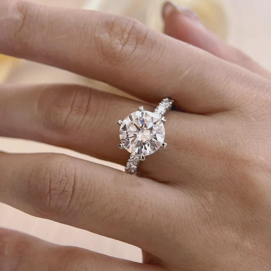 Classic Round Moissanite Solitaire Ring, Pave Engagement Band, White Gold Wedding Ring, Bridal Gift For Her, 6 Prong Ring
