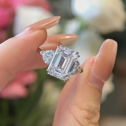 Emerald Cut Moissanite Ring with Pear Side Stone Accents Three Stone Engagement Ring Wedding Rings Promise Ring Anniversary Gift for Her