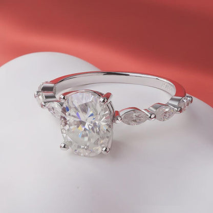 Oval Cut Moissanite Ring, Side Stone Accents Pave Engagement Ring, Sterling Silver Wedding Ring, Anniversary Gift, Promise Ring Gift for Her