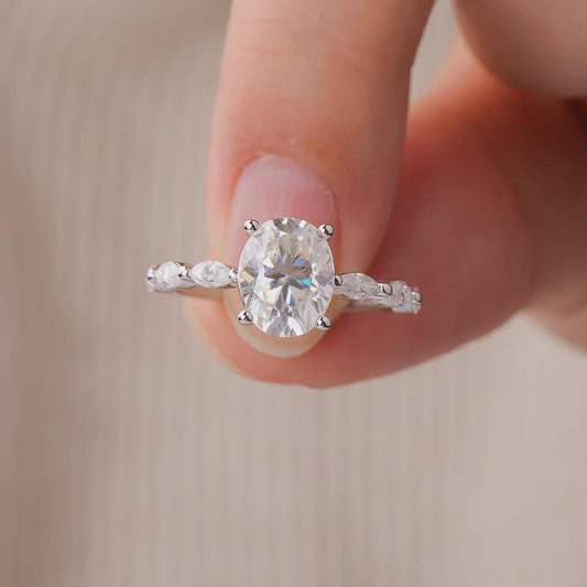 Oval Cut Moissanite Ring, Side Stone Accents Pave Engagement Ring, Sterling Silver Wedding Ring, Anniversary Gift, Promise Ring Gift for Her