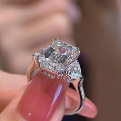 Emerald Cut Moissanite Ring with Pear Side Stone Accents Three Stone Engagement Ring Wedding Rings Promise Ring Anniversary Gift for Her