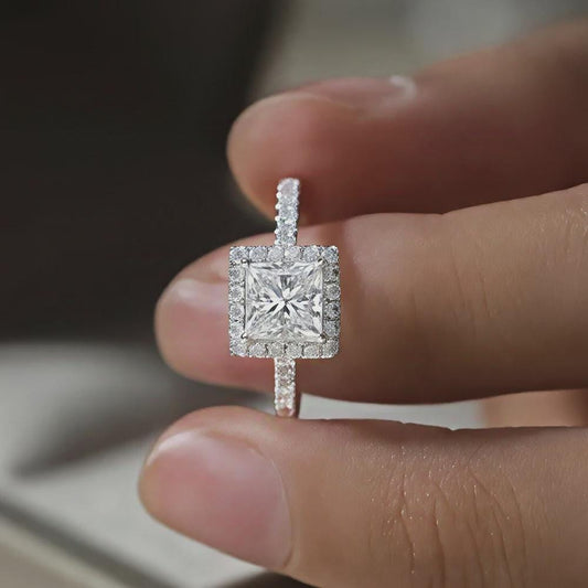 Princess Cut Halo Engagement Ring, Pave Band, Moissanite Ring, Wedding Ring, Anniversary Gift, Promise Ring, Bridal Jewelry, Gift for Her