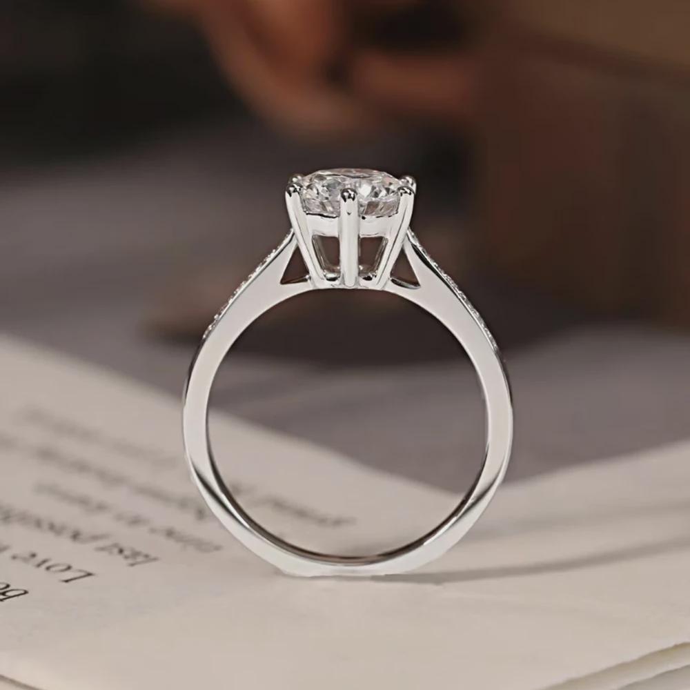 Round Moissanite 6-Prong Engagement Ring, Pave Band, Solitaire Wedding Ring, Classic Bridal Ring, Anniversary Gift, White Gold