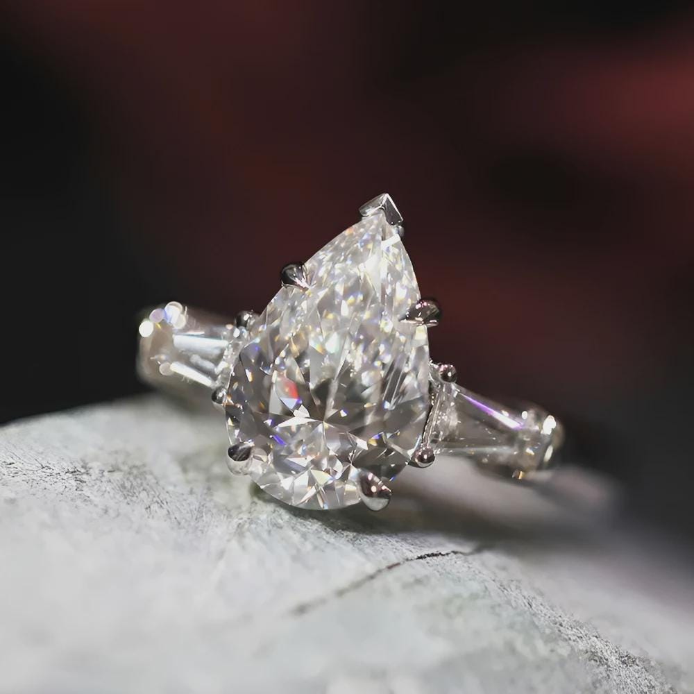 Pear Moissanite Three Stone Ring, Baguette Side Stones, Engagement Ring, Wedding Ring, Bridal Ring, Anniversary Gift, White Gold