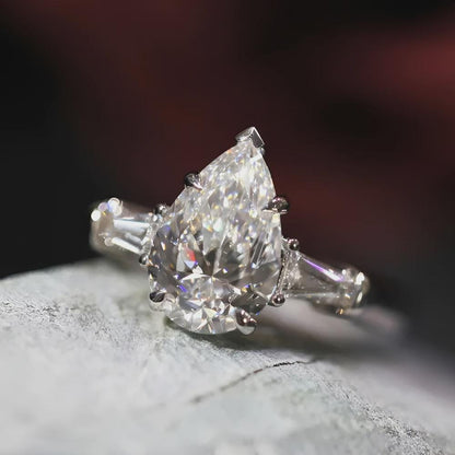 Pear Moissanite Three Stone Ring, Baguette Side Stones, Engagement Ring, Wedding Ring, Bridal Ring, Anniversary Gift, White Gold