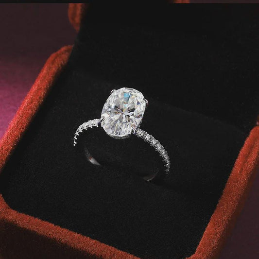 Oval Moissanite Engagement Ring With Pave Setting. Timeless Minimalist Design, Perfect Bridal Wedding, Anniversary, Or Promise Ring Gift