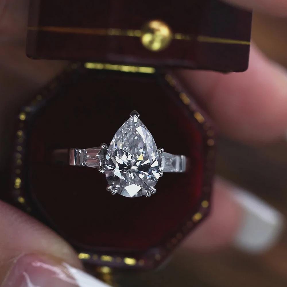 Pear Moissanite Three Stone Ring, Baguette Side Stones, Engagement Ring, Wedding Ring, Bridal Ring, Anniversary Gift, White Gold